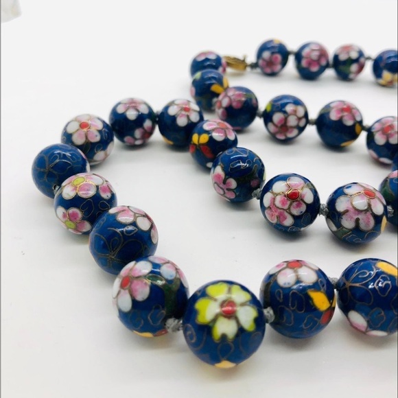 Antique Vintage Blue Cloisonné flower Enamel Jumbo Bead Necklace - Picture 6 of 17